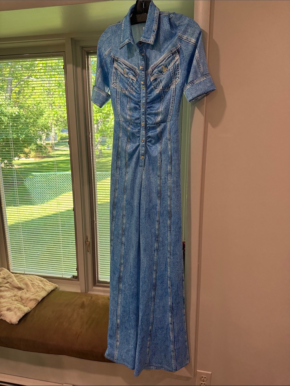 Denim Looking Button-Front Junpsuit - Light Blue Wash sz Small